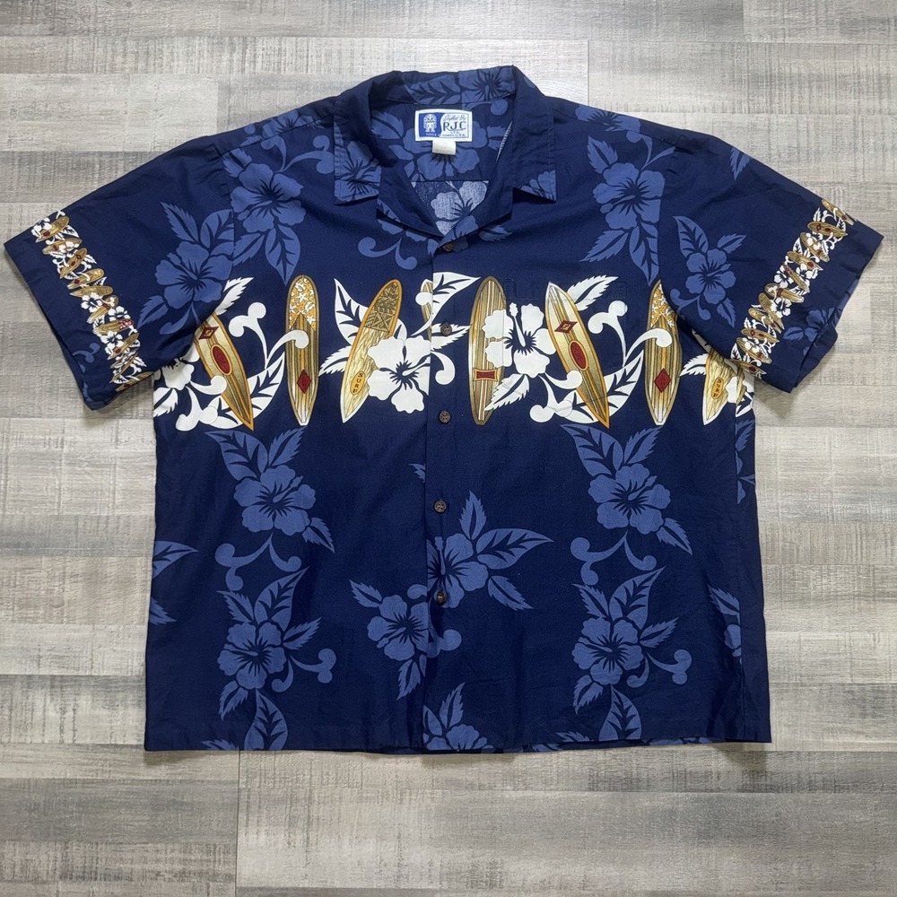 RJC Hawaiian Shirt Mens XL Short Sleeve Surfboards Flower Palm Trees Tropical